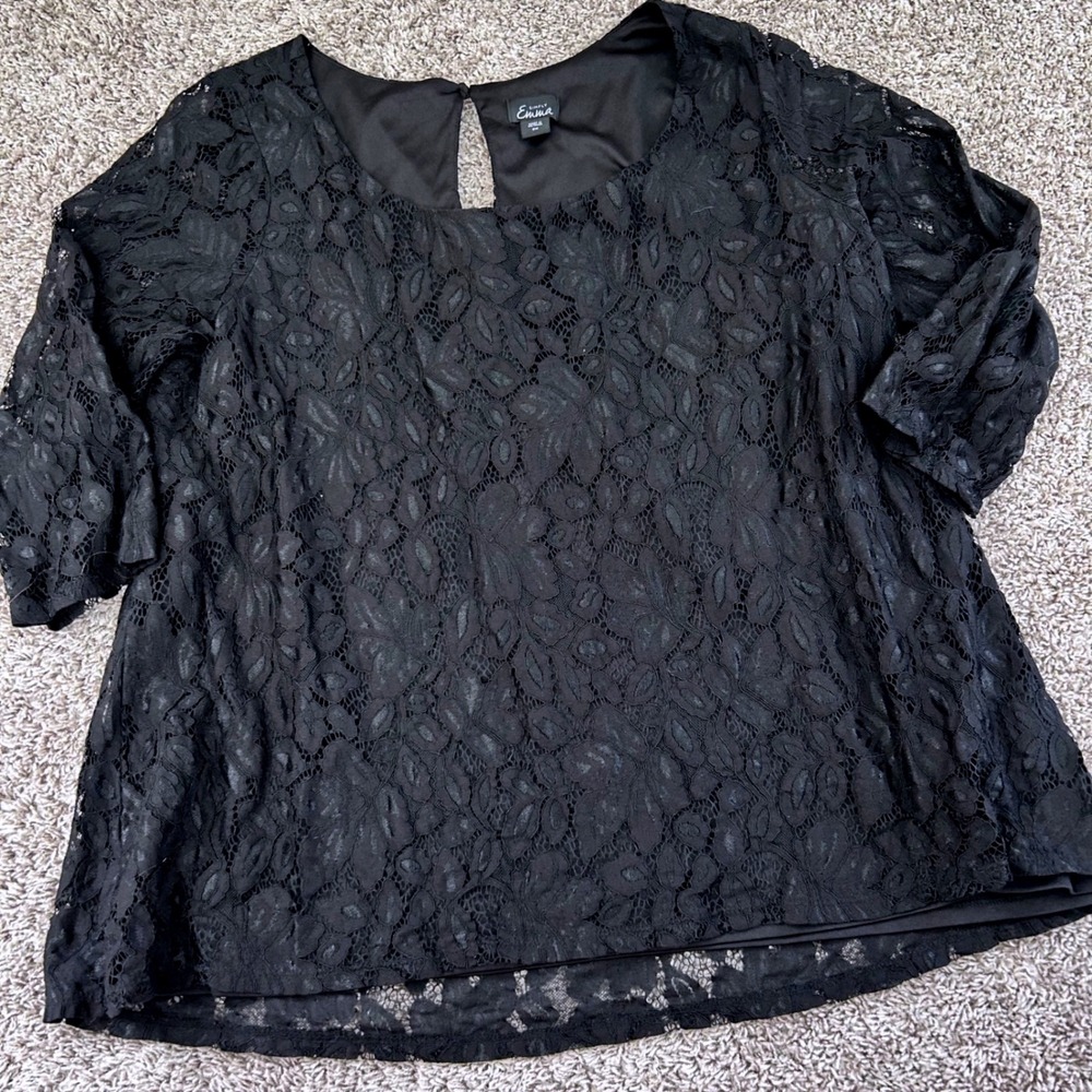 Simply Emma Womens 2X Black Floral Lace Blouse 3/4 Sleeve Keyhole Back Lined Top